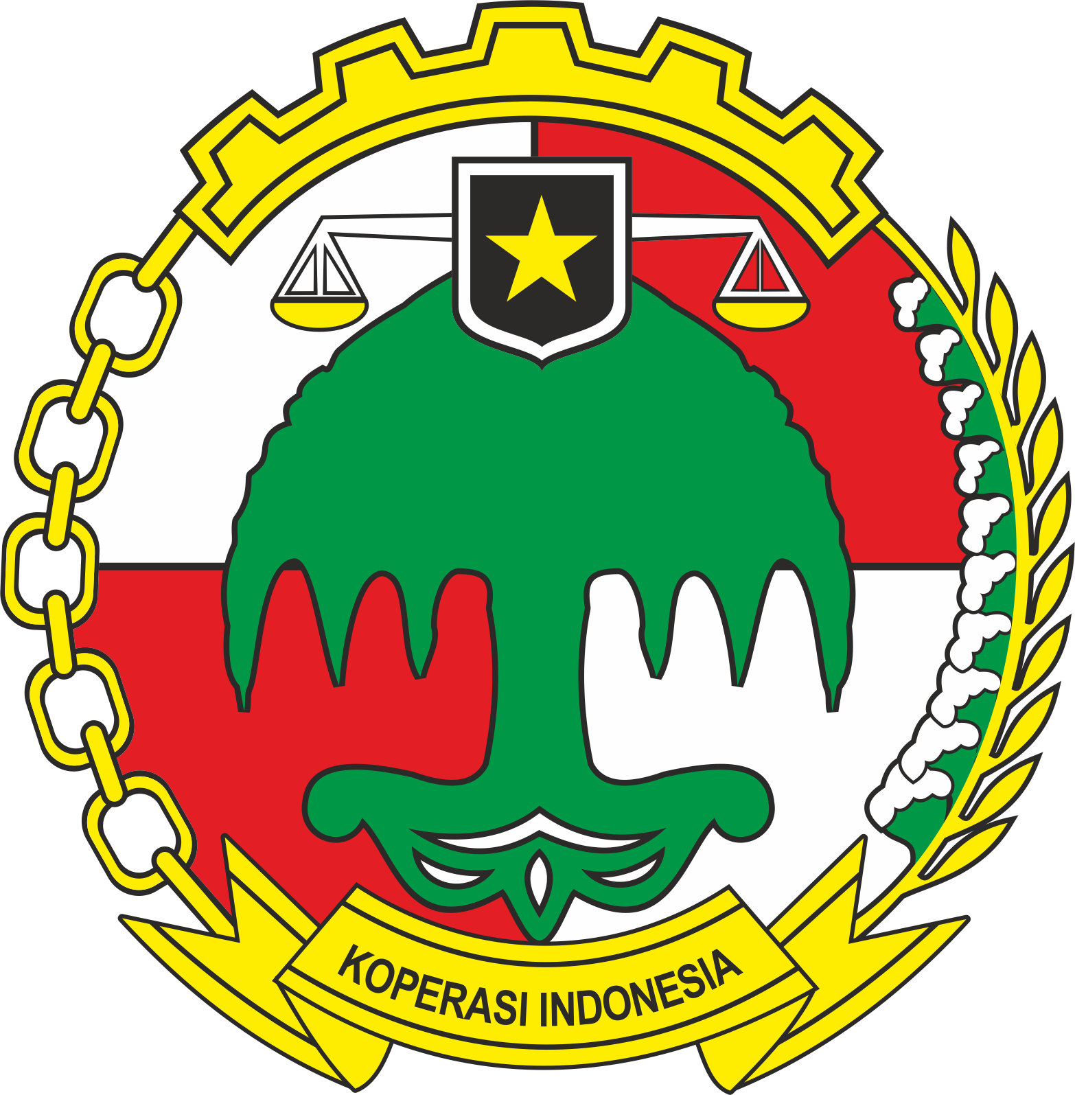 Logo of Koperasi Indonesia featuring a green banyan tree with roots and branches, a yellow gear and chain border, a balance scale with a star above, and a yellow ribbon at the bottom with the text KOPERASI INDONESIA. The design conveys unity, cooperation, and stability in a formal and official tone.